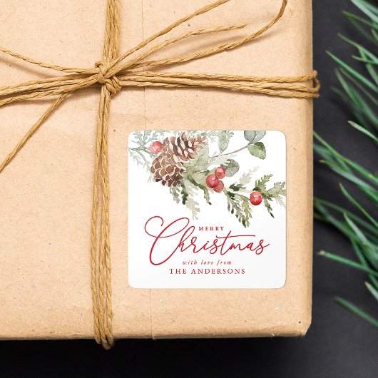 Sticker Carré Elegant Holly Berries et Pine Cones Noël
