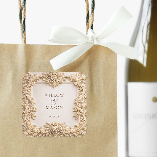 Sticker Carré Elegant Ivory Floral Scroll Wedding