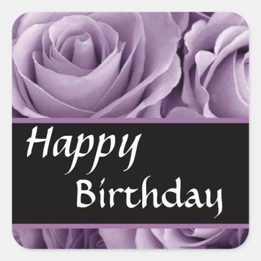 Sticker Carré Elégant Joyeux Anniversaire Roses doux violet (Devant)