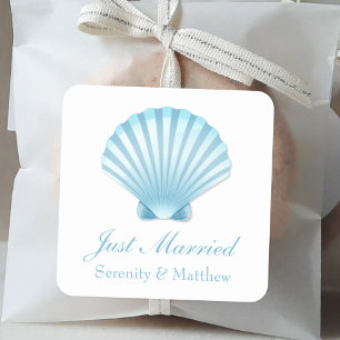 Sticker Carré Élégant juste marié Shell Blue Mariage nautique