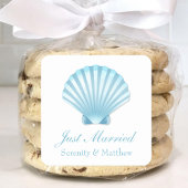 Sticker Carré Élégant juste marié Shell Blue Mariage nautique