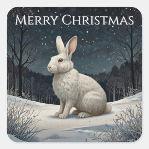 Sticker Carré Elégant lapin blanc Noël forêt enneigée