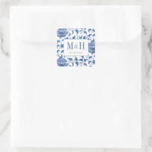 Sticker Carré Elégant Mariage Bleu Et Blanc Monogramme Favoriser