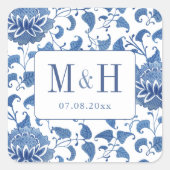 Sticker Carré Elégant Mariage Bleu Et Blanc Monogramme Favoriser (Devant)