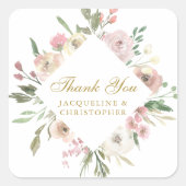 Sticker Carré Élégant Mariage de Merci Floral Gold Script (Devant)