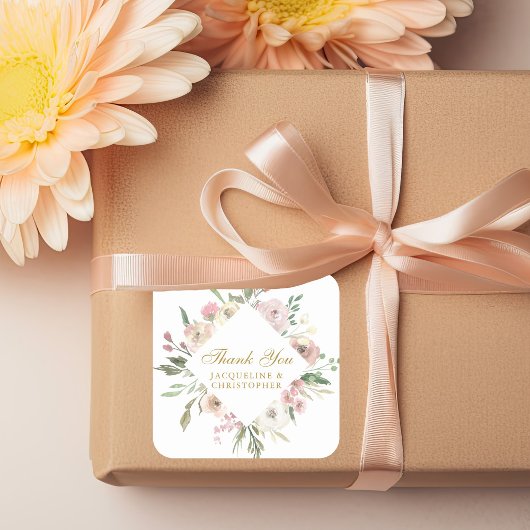 Sticker Carré Élégant Mariage de Merci Floral Gold Script