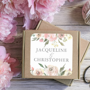 Sticker Carré Élégant Mariage floral blanc rose ivoire