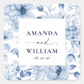Sticker Carré Élégant Mariage Floral Bleu (Devant)