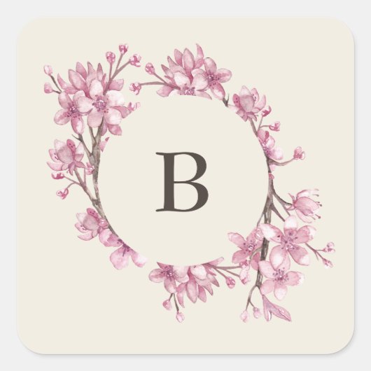 Sticker Carré Élégant Mariage Monogramme Fleur de Cerise Rose (Devant)