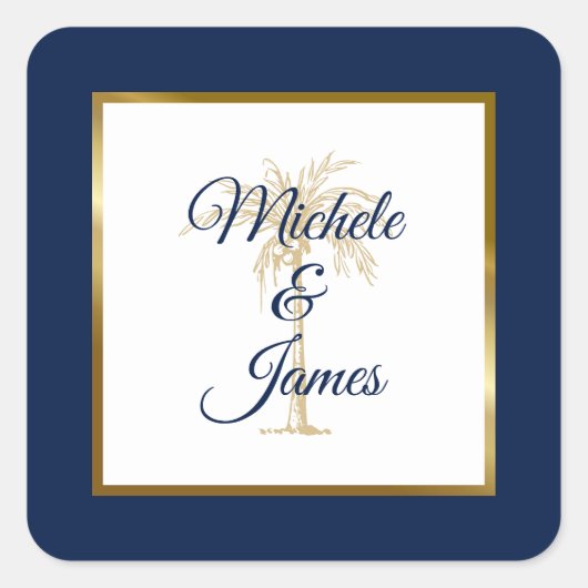 Sticker Carré Elégant Marine Blue Gold Palm Tree Mariage moderne (Devant)
