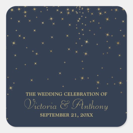 Sticker Carré Elegant Marine & Gold Falling Stars Mariage Merci (Devant)