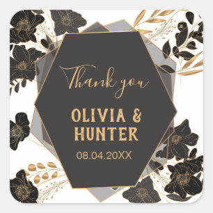 Sticker Carré Élégant Merci floral noir et or
