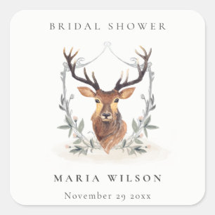 Sticker Carré Élégant Mignon Cerf Crépusculaire Couronne Florale