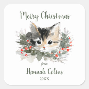 Sticker Carré Élégant Mignon Chat Calico Minimaliste Noël