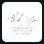 Sticker Carré Élégant minimaliste Merci noir Script<br><div class="desc">Autocollants personnalisés et simplement élégants avec noms et date dans des polices élégantes.</div>