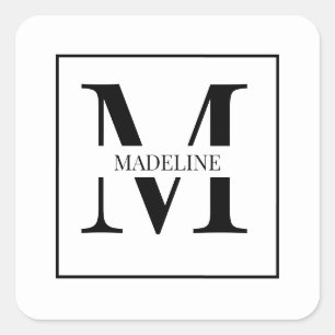 Sticker Carré Élégant Moderne Personnalisé Monogramme Blanc