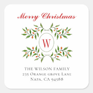 Sticker Carré Elégant Monogram Greenery Adresse de retour de vac