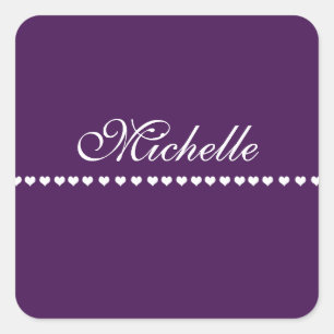 Sticker Carré Élégant Monogramme Coeurs blancs Eggplant pourpre