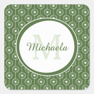 Sticker Carré Élégant Monogramme de Coeurs Vert et Blanc avec no