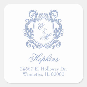 Sticker Carré Élégant monogramme de crête bleu poussiéreux Adres