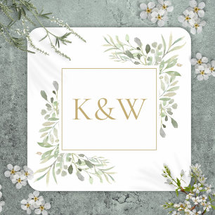 Sticker Carré Élégant Monogramme de Feuillage de Mariage en Or