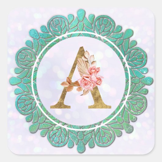Sticker Carré Élégant Monogramme Lettres initiales avec Mandala (Devant)