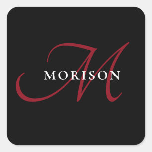 Sticker Carré Élégant Monogramme moderne noir rouge