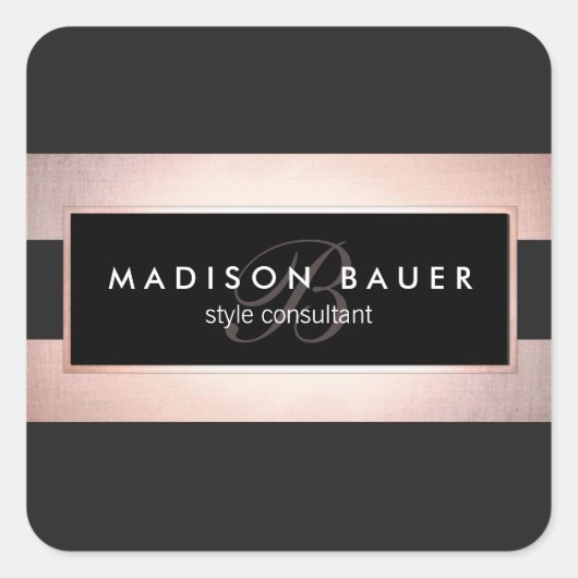 Sticker Carré Élégant Monogramme rayé Noir et Rose Or (Devant)