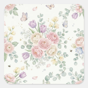 Sticker Carré Élégant motif floral aquarelle
