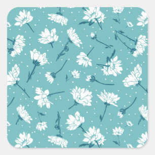 Sticker Carré Élégant motif floral - Botanique Turquoise et blan