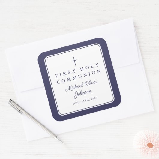 Sticker Carré Elegant Navy Blue Cross Boy First Communion  (Enveloppe)
