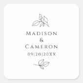 Sticker Carré Élégant Noir & Blanc Mariage Noms Feuilles Date (Devant)