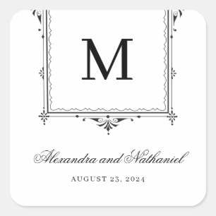 Sticker Carré Élégant noir et blanc Vintage Mariage Monogramme