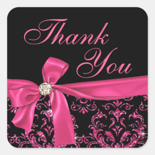 Sticker Carré Elégant noir rose Damask Diamond Bow Merci
