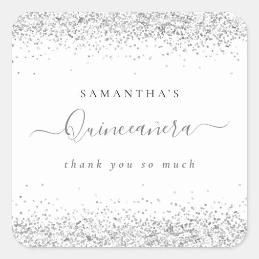 Sticker Carré Elégant nom Parties scintillant en argent Quinceañ (Devant)