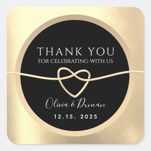 Sticker Carré Elégant or et Mariage noir Merci (Devant)