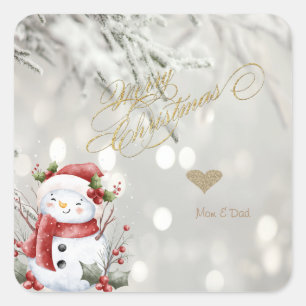 Sticker Carré Élégant Parties scintillant or Coeur Snowman