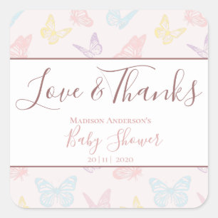 Sticker Carré Elégant Pastel Pink Butterflies Baby shower Merci