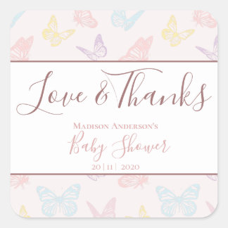 Sticker Carré Elégant Pastel Pink Butterflies Baby shower Merci