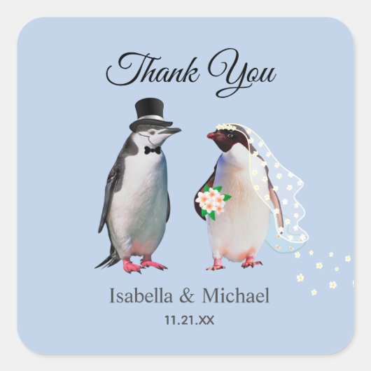 Sticker Carré Élégant Penguin Couple Merci Mariage Classique (Devant)