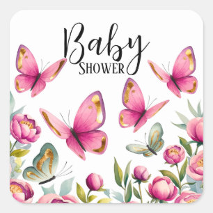 Sticker Carré Elégant Peony rose et papillons Baby shower fille