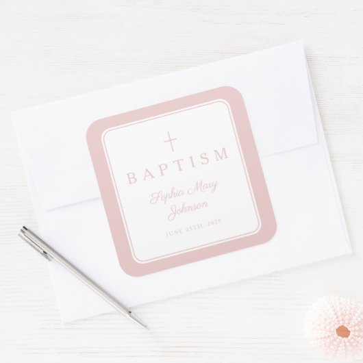 Sticker Carré Elegant Pink Religious Cross Boy Baptism (Enveloppe)
