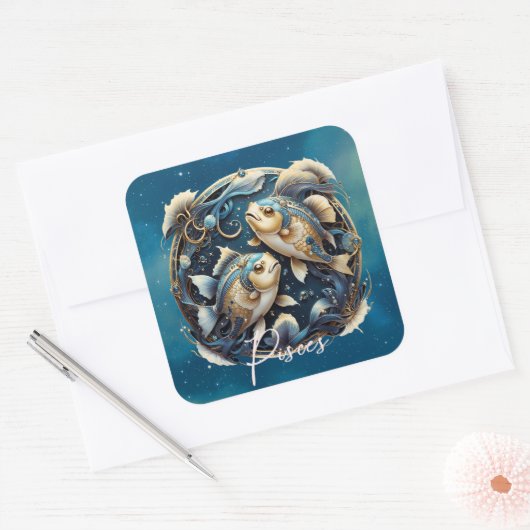 Sticker Carré Élégant Poisson Cosmique Signe Zodiaque Poissons N (Enveloppe)