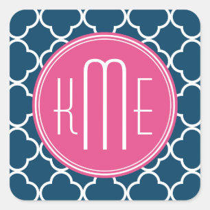 Sticker Carré Élégant Quatrefoil bleu marine avec Monogramme ros