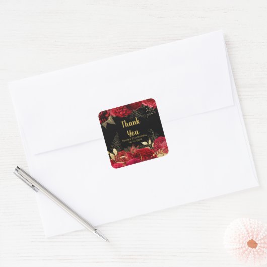 Sticker Carré Elegant Red and Gold Flowers Birthday Party (Enveloppe)