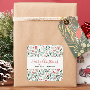 Sticker Carré Élégant Red Holly Berry Vert