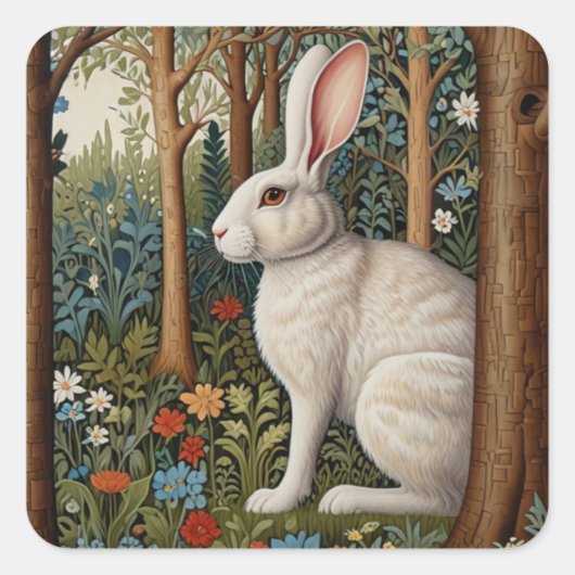 Sticker Carré Elégant retro boho blanc lapin boisé fleurs (Devant)