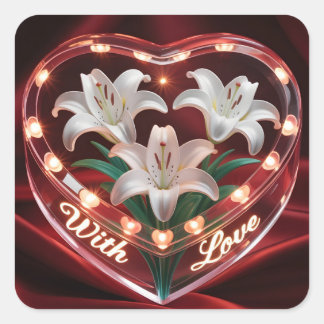 Sticker Carré Elegant Romantic Lily Bouquet in Illuminated Heart