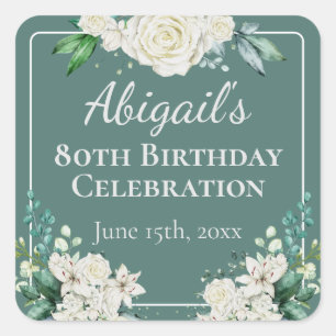 Sticker Carré Elégant Rose blanche Floral 80e anniversaire n'imp