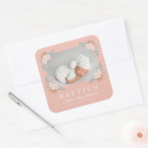Sticker Carré Élégant rose florale fille Baptême photo
